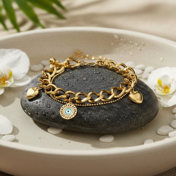 🆕️ Double Chain 18K Gold Plated Stainless Steel Bracelet with Heart Evil Eye - Picture 8 of 11